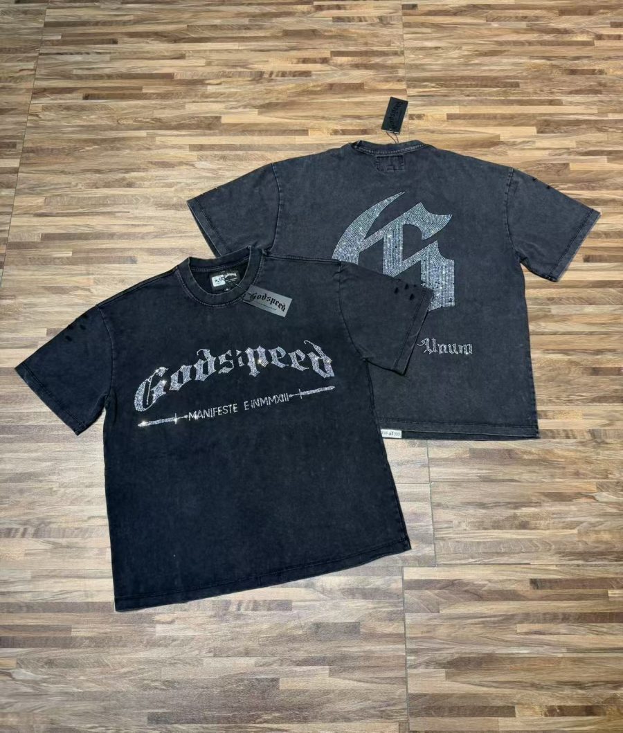 Godspeed "Rhinestone Logo" Distressed Heavyweight Tee - Vintage Black